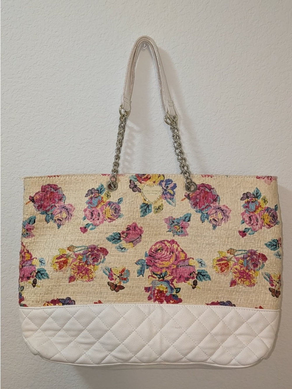 Betsey Johnson NY floral Siena tote canvas top quilted vegan leather bag. PO